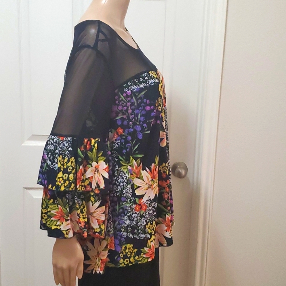 Unique Spectrum 2x vibrant fall flowers mesh yoke tiered ruffle quarter sleeve